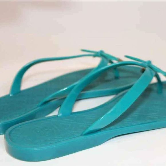 Tory Burch Designer Womens Teal Blue Jelly Bow Thongs Flip Flops Sandals Size 7 - Picture 6 of 10